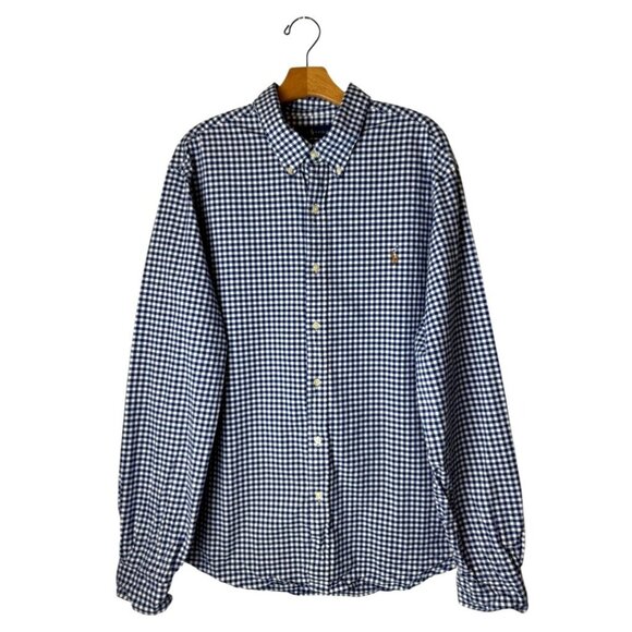 Ralph Lauren Shirt Men XXL Blue White Gingham Slim Stretch Oxford Button‎ Down - Picture 1 of 8